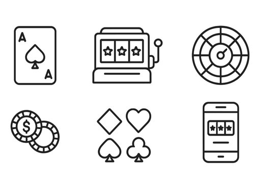 Casino gambling line icon set. Vector collection with slot machine, poker chip, ace of spades, roulette wheel, card suits and mobile betting app for web and ui design.