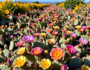 Obraz premium Vibrant Cactus Field with Blooming Wildflowers Under Sunlight