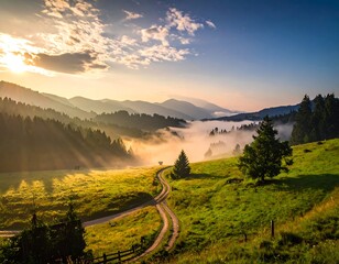Sunrise over misty mountain valley