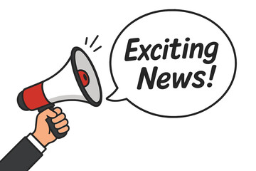 Male hand holding megaphone with exciting news speech bubble. Loudspeaker for business, marketing, advertising. Announcement concept. Vector illustration for promotion banner.