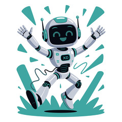 Energetic dancing robot, expressive motion lines, lively futuristic companion, entertainment theme character, friendly service droid, clean vector design