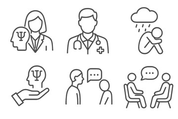 Psychology web icon set in line style. Psychologist, doctor, depression, anxiety. Psychological help, individual therapy, group counseling session, treatment collection.