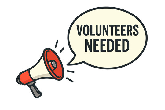 Volunteers needed announcement with megaphone. Loudspeaker making a call for help. Recruitment and hiring concept. Join our team banner for charity and community support work.