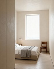 Minimalist bedroom with neutral walls, low platform bed, and single window. Soft daylight enhances calm and uncluttered atmosphere. 

