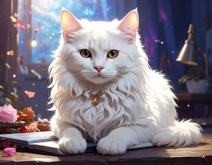 White cat resting on book, magical setting