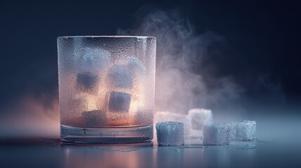 Frosted glass tumbler with condensation ice cubes and refreshing drink on a moody dark surface