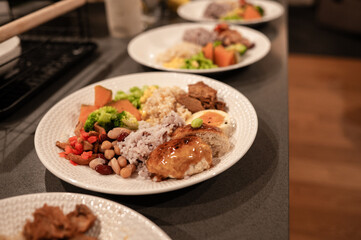 Healthy Japanese Plate with Tofu Patty and Multigrain Rice