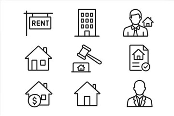 Real estate thin line icon set. Vector collection of web icons for property business. Includes rent sign, building, agent, house, auction, mortgage, home and realtor pictogram.