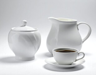 White ceramic coffee set on a light background