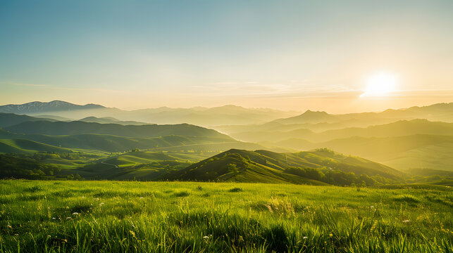 Sunset over rolling green hills