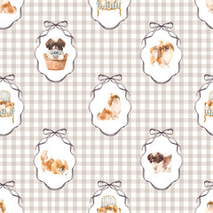 Cute Dog Seamless Print design, Shih Tzu Illustrations with Bows and Frames
