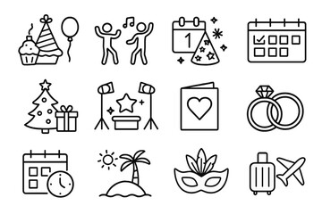 Party and event line icon set. Celebration outline symbols. Vector pictograms for birthday, wedding, christmas, new year, vacation, carnival, festival and holiday planning.