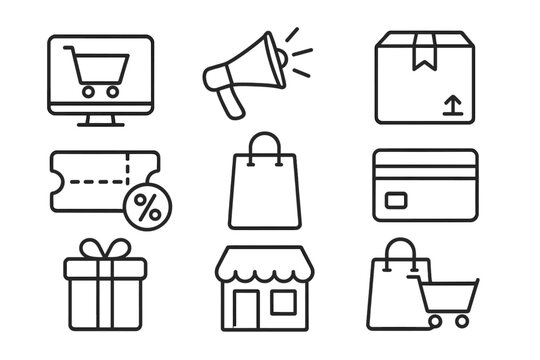 E-commerce line icons set for online shopping. Vector symbols of digital marketing, delivery, coupon, credit card payment, gift, and retail store. Web business graphics.