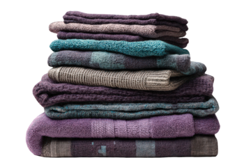Pile of Folded Textured Fabric in Shades of Purple Blue and Gray on a Black Background with Varied Textures and Subtle Color Transitions Soft Lighting and Clean Background