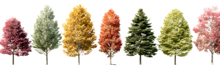 Various street autumn trees (Quercus rubra, platanus, maple) medium and small isolated png on a transparent background premium cutout