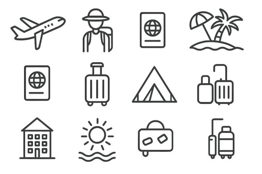 Travel and tourism line icon set. Vector collection of outline symbols for web and mobile. Includes airplane, passport, luggage, hotel, beach, camping, and summer vacation.
