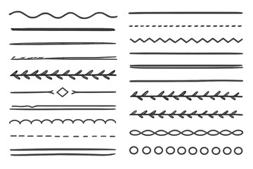 Hand drawn vector line borders and dividers collection, doodle design geometric vintage style, pencil stroke underlines and decorative textured lines for graphic projects