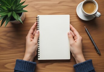 Obraz premium Blank spiral notebook held by woman on wooden desk with coffee cup and pen ready for notes