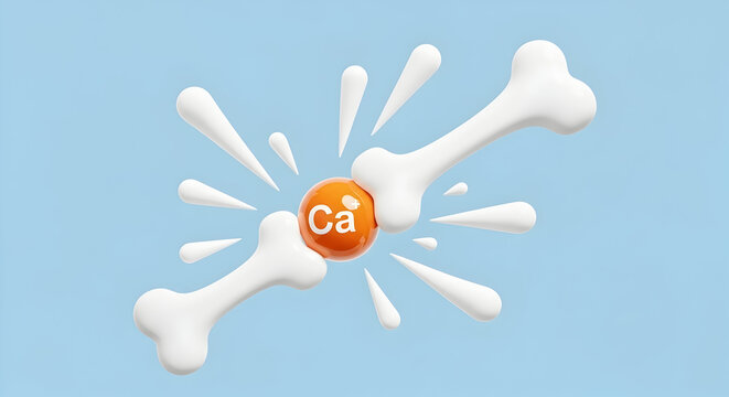 Dynamic 3D illustration showing vital calcium strengthening a healthy bone with powerful splashes for robust skeletal support.