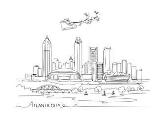 Obraz premium Atlanta Festive Christmas with Santa Sleigh Line Art