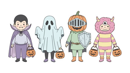 Spirited Squad: Four charming figures dressed in whimsical costumes prepare for a night of trick-or-treating fun, each carrying their jack-o'-lantern buckets.