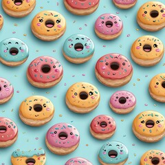 Obraz premium pattern of colorful donuts with expressive cartoon faces and multicolored sprinkles on a white background