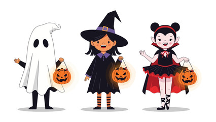Halloween Trio of Characters: A charming illustration depicts a festive gathering of Halloween figures: a ghostly apparition, a whimsical witch, and a cute vampire. Each character.