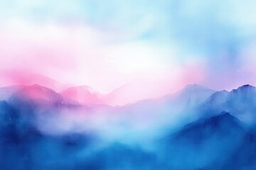 Obraz premium Softly blurred mountain landscape with layered peaks enveloped in colorful mist blending shades of blue, pink, and purple creating a serene and dreamy atmosphere