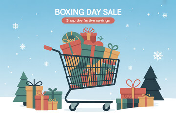 Exciting Boxing Day Sale with a shopping cart overflowing with festive presents and gifts, grab the savings now and enjoy the holidays, shop for the best deals today
