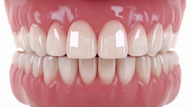 A dental model showing a full set of upper and lower teeth (dentures) on pink gums.