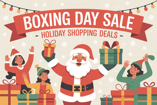 Get Ready for Boxing Day Sales and Holiday Shopping Deals with Cheerful Shoppers and Santa Claus, Featuring Festive Gift Boxes and Holiday Cheer for Your Marketing Campaigns