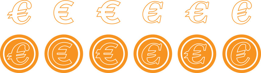 Euro currency symbols yellow outline icons set. Money finance payment coins vectors illustration. Wealth and banking cash economy euro signs graphic for currency exchange business designs.