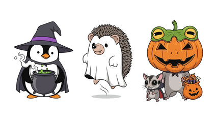 Halloween Characters: A playful trio of Halloween-themed characters, including a penguin witch, a hedgehog ghost, and a pumpkin-headed creature, radiate cheerful fun.