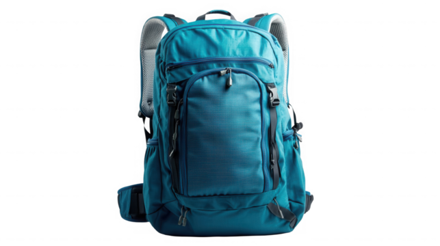 Teal hiking backpack isolated on transparent background for outdoor activities