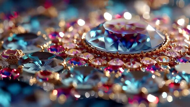 A dazzling close-up of colorful, faceted gemstones set in ornate gold