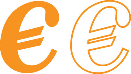 Euro currency symbols yellow flat and outline icons set. Money finance payment coins vectors illustration. Wealth and banking cash economy euro signs graphic for currency exchange business designs.