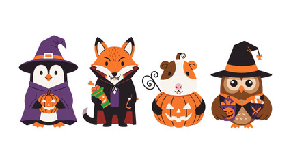 Spooky critter gathering: A collection of whimsical and playful illustrations of various animal figures dressed in Halloween costumes ready for the holiday.