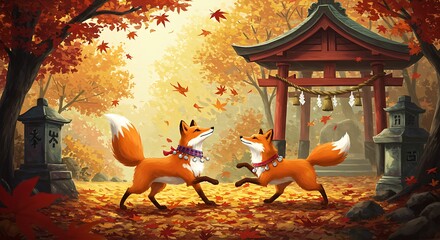 Playful foxes in vibrant autumn forest with Japanese shrine and falling maple leaves