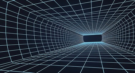 Infinite grid tunnel background with glowing lines and perspective effect