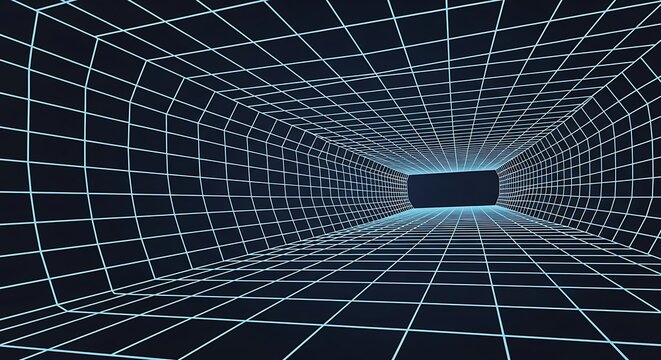 Infinite grid tunnel background with glowing lines and perspective effect