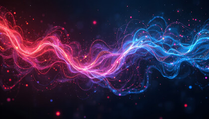 Dynamic abstract energy waves in glowing red and blue, symbolizing data flow and modern technology with a stunning digital aesthetic.