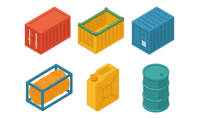 Colorful isometric containers and barrels for logistics and storage