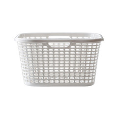 White plastic laundry basket with holes on black background