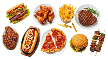 Assortment of delicious fast food items isolated on transparent background