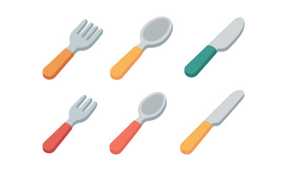Colorful flat style cutlery set including spoon, fork, and knife
