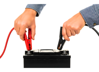 Hands using jumper cables to start a car battery isolated on transparent background