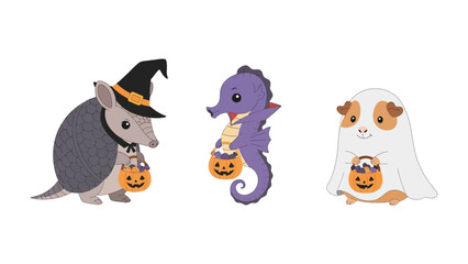 Halloween Critters: A charming collection of adorable animals in Halloween costumes, exuding a festive mood. Perfect for themed events or playful illustrations.