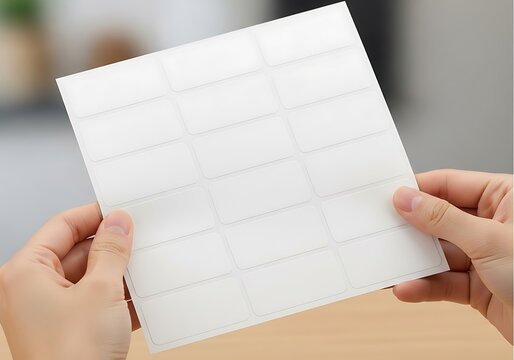 Person holding a sheet of white label stickers for multiple uses