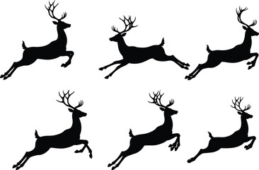 Flying Reindeer Silhouette Vector Set, Christmas Deer Clipart, Holiday Illustration, Winter Animal Design, Festive Decoration Elements, Jumping Reindeer Art, Black Silhouette Icons
