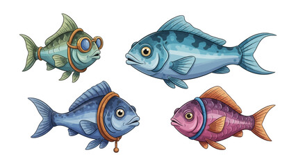 Fototapeta premium Playful Aquatic Quartet: A vibrant ensemble of unique cartoon fish, each exuding a distinct personality and charm, swimming in a lively underwater scene. 